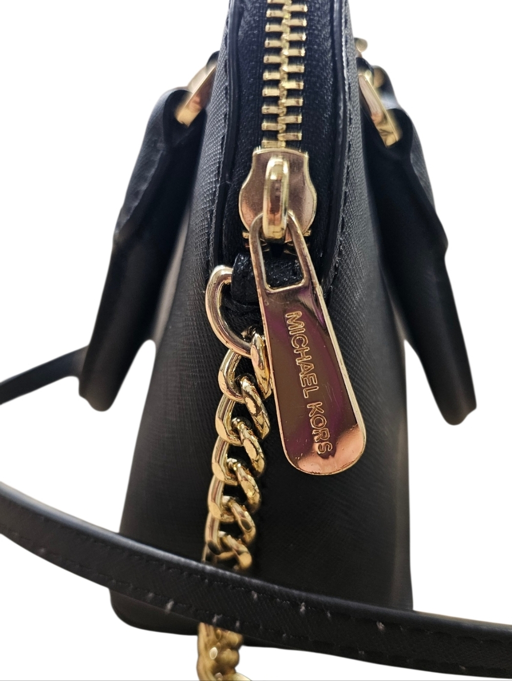 Michael Kors Black Saffiano Mini Dome Satchel Crossbody Gold Chain - Picture 7 of 13